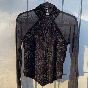 Vintage Black Beaded Detailed Mesh Stretchy Top